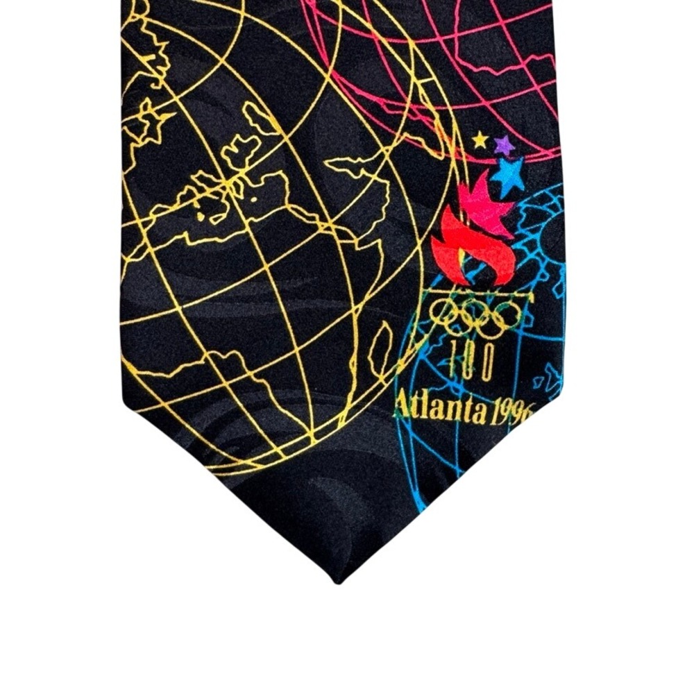 Vintage 1996 Atlanta Olympics Silk Tie RM Sport Black Globe Torch Logo USA Made